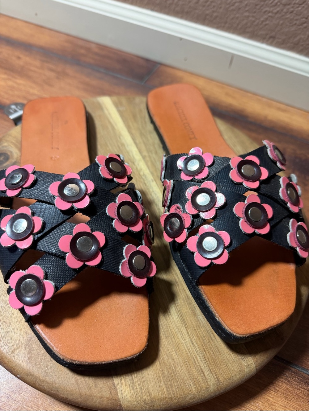Rachel Comey Acta Sandals in Black Leather With Pink Studded Flowers Size 9